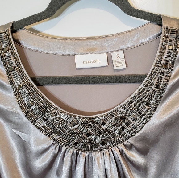 Chico's Sleeveless Silver Top With Silver Embellishments Silky Size 2 - Picture 3 of 10